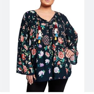 Johnny Was Harley Floral-Print Long-Sleeve Tassel-Tie Top XL